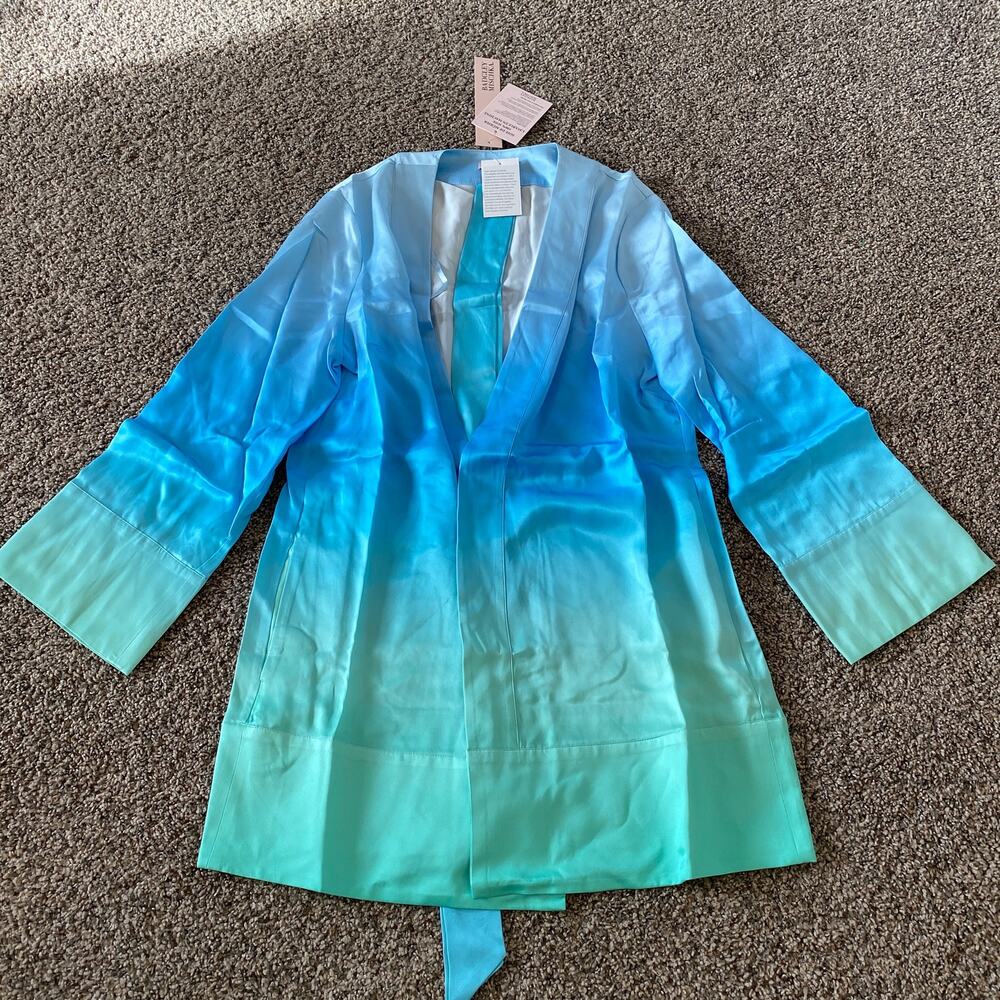 Badgley Mischka Women 100% Silk Aqua Washable Ombre Cardigan Robe - M